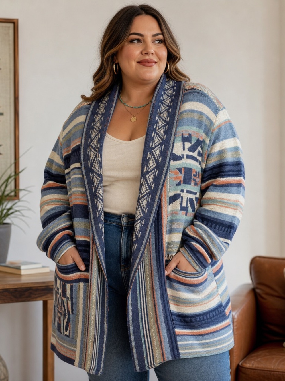 Coldwater Creek Multi-Blue Striped Knit Cardigan
